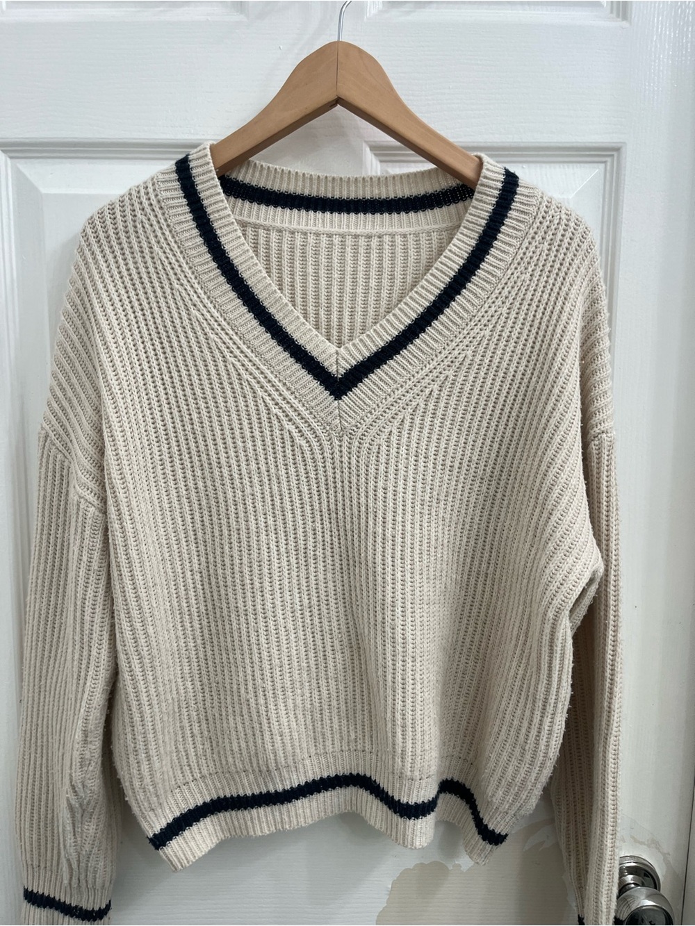 American Eagle Outfitters Cream V-Neck Sweater with Navy Trim